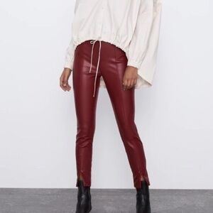 Zara Burgundy Red Faux Leather Jeans Trousers Pants Zip Ankle Sz S
